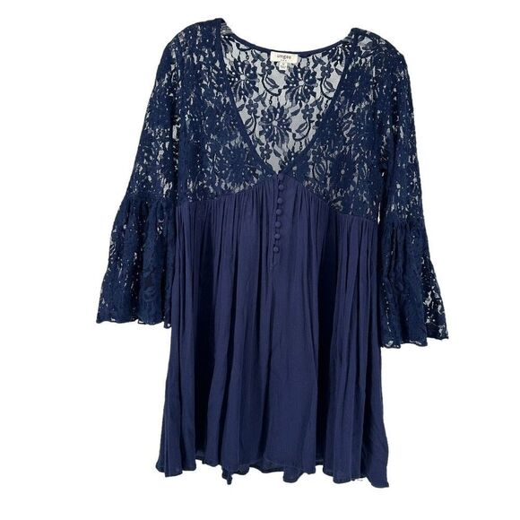 Umgee Tops - Umgee Lace Tunic Navy Blue Babydoll Bell Sleeve Draped Size M Sheer Boho Top